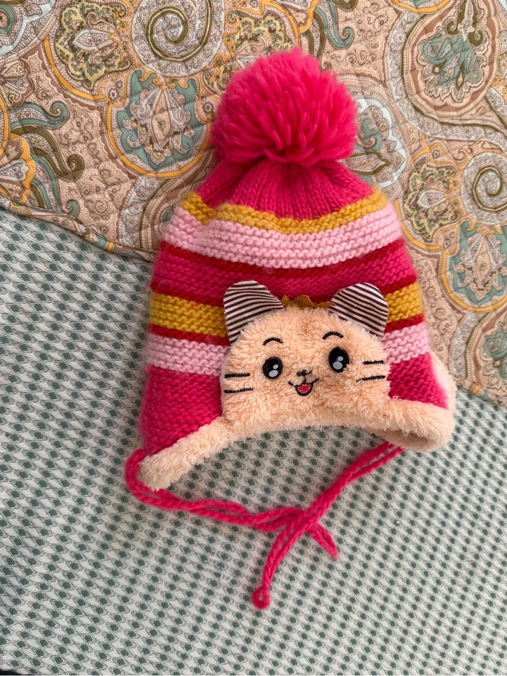 Girls' Crochet Winter Hat Pink Striped Cat Pom Pom Winter Hat Beanie